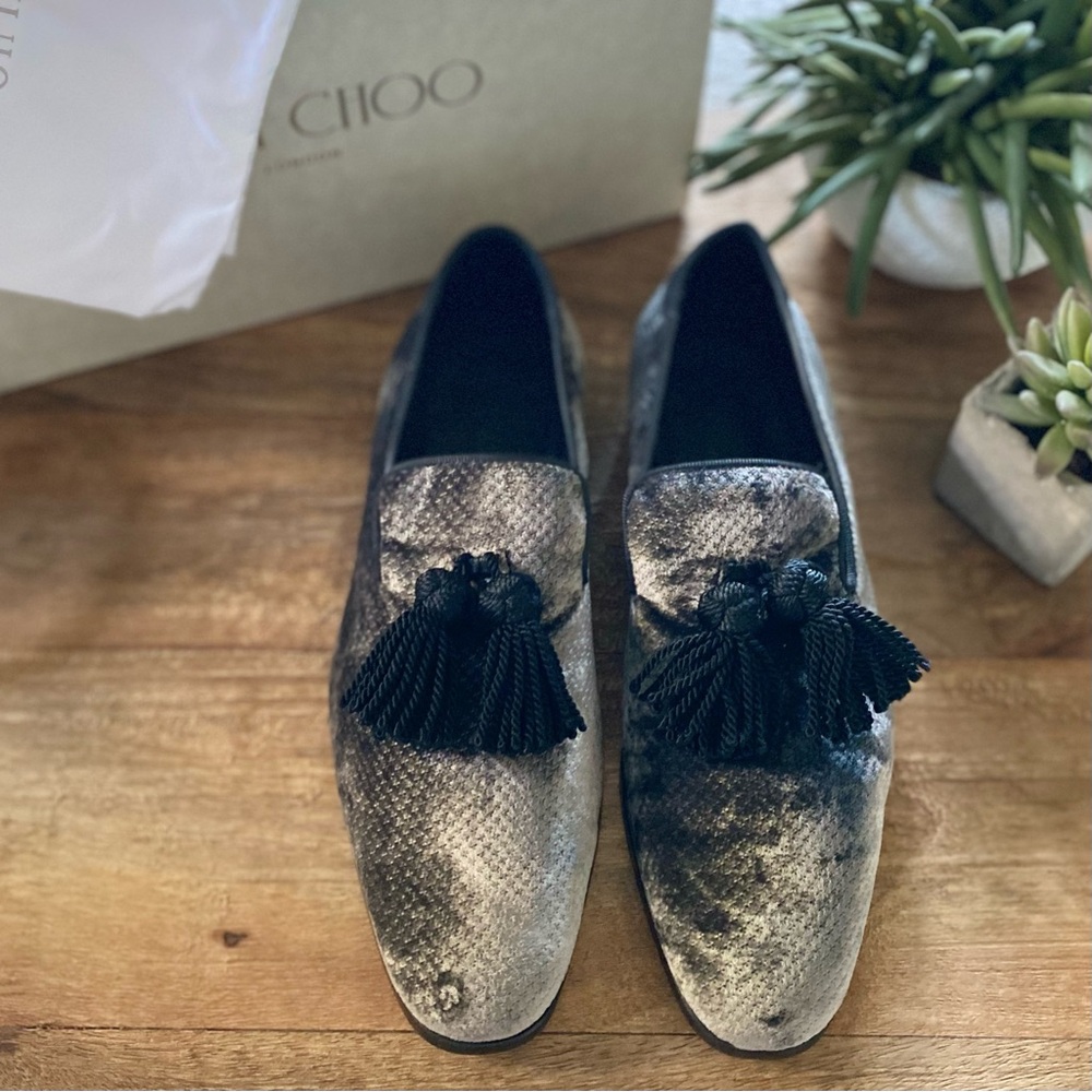 Jimmy Choo Foxley Metallic Velvet Loafers with Black Tassels